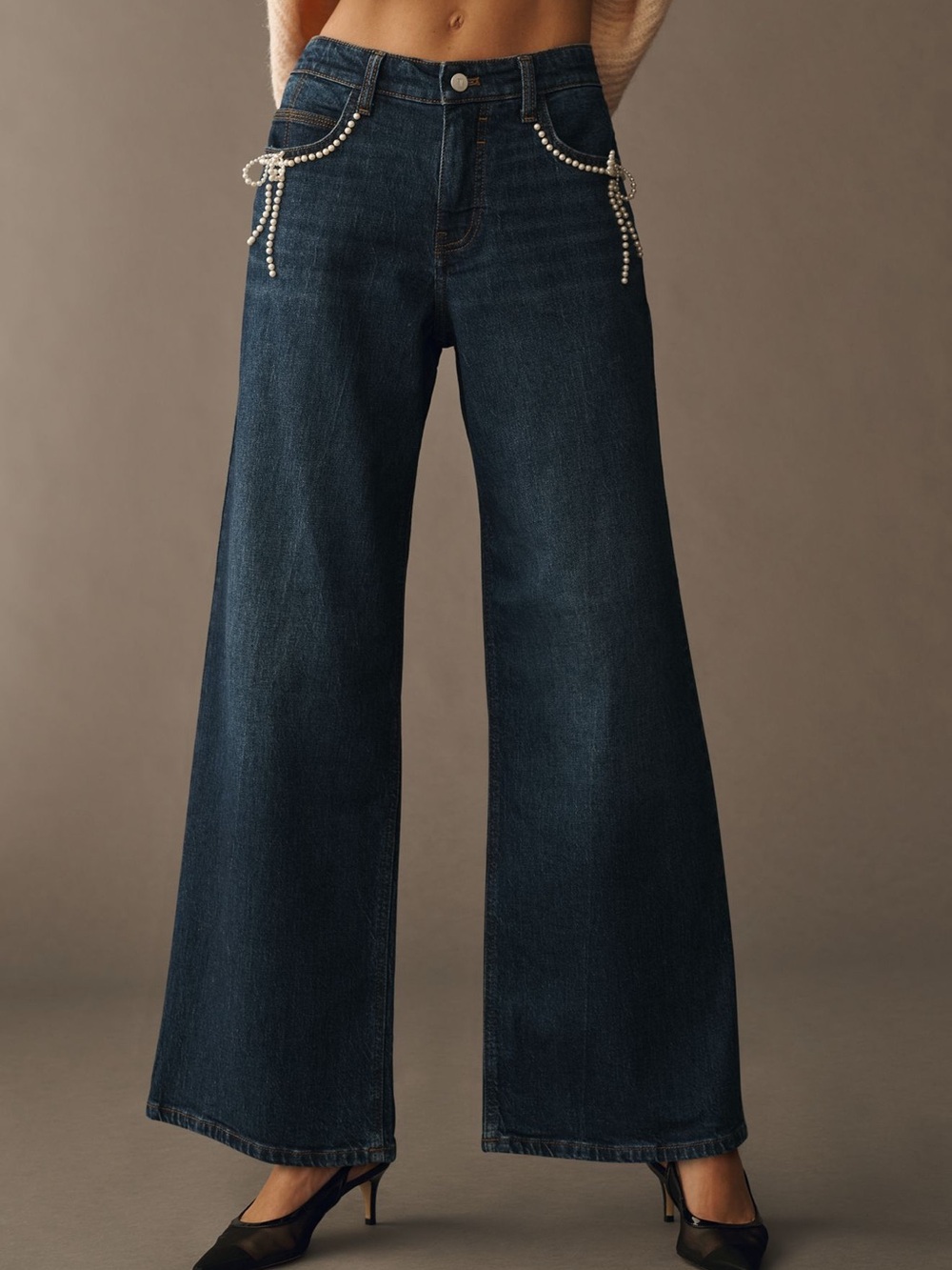 Anthropologie Pilcro Pearl Embellished Low Rise Wide Leg Jeans